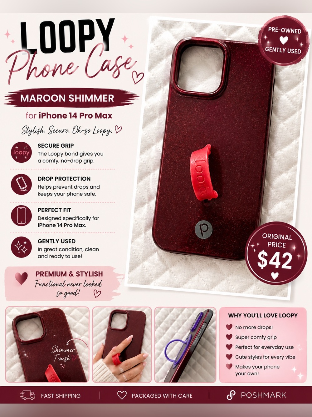 Loopy Case Maroon Shimmer Phone Case with Red Loop for iPhone 14 Pro Max